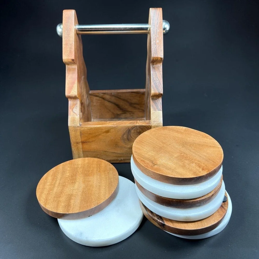 Wood‎ and White Marble Coaster Set of 8 Tree Shaped Caddy Holder Rustic MCM